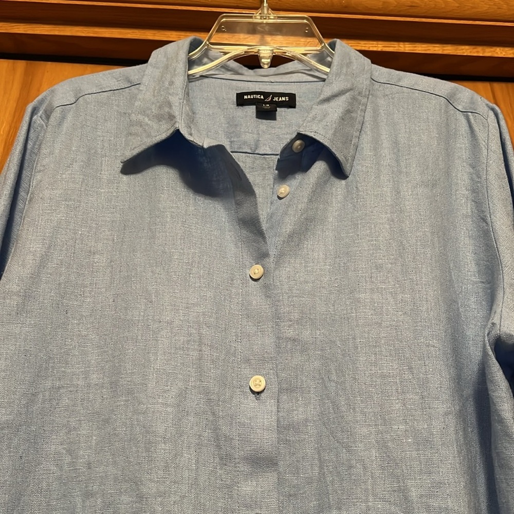 Nautica Jeans Linen Blend Light Blue Casual Button-Down Shirt Size Large